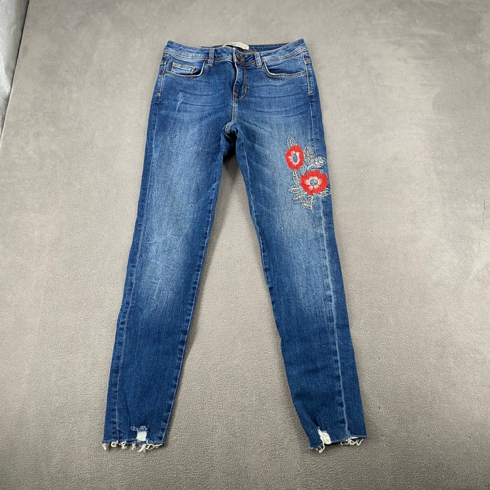 Zara Basic Z1975‎ Denim Floral Embroidered Skinny Jeans Blue Raw Hem Size 4 26